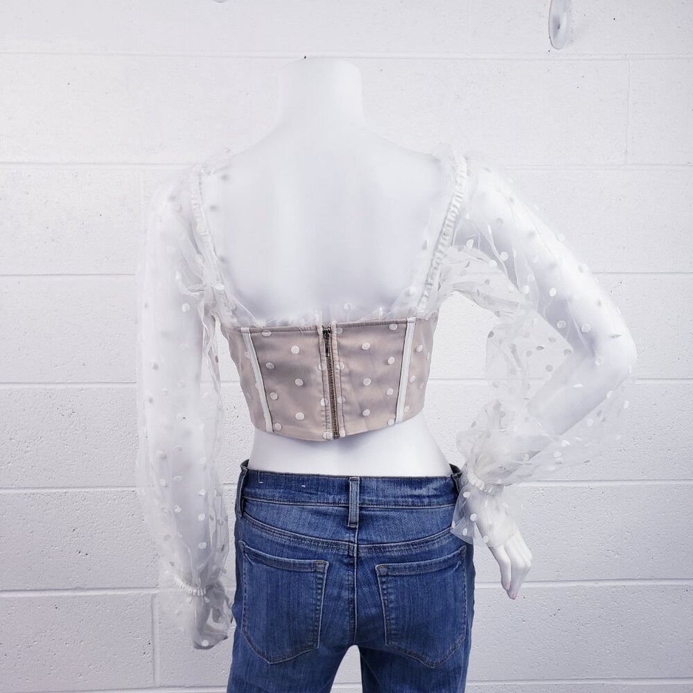 Runaway The Label Bustier Corset Top Size 4 Beige Polka Dot Tulle Sheer Sleeves - Picture 7 of 10